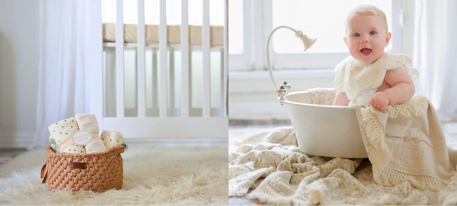 A cozy nursery setting featuring a woven basket filled with soft, organic baby swaddles placed on a plush rug beside a white crib. On the right, a smiling baby dressed in a delicate ruffled outfit sits in a vintage-inspired baby bath, wrapped in a fringed muslin blanket, creating a serene and timeless scene.