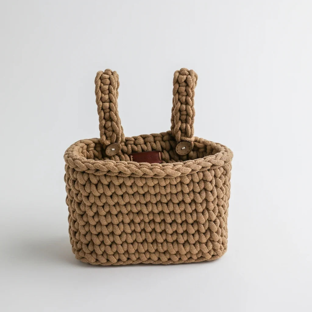 A handwoven brown knit crib organizer with sturdy handles and button details, crafted from organic cotton for a timeless and functional nursery storage solution.