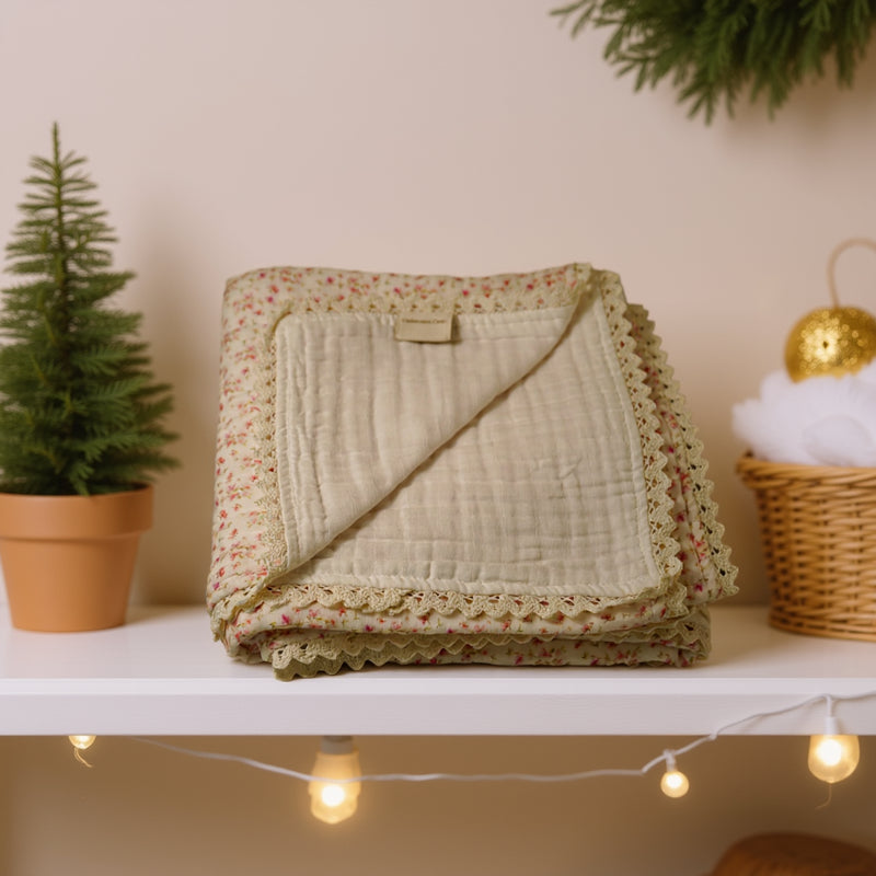 Vintage Bedding Set Double-Sided Blanket & Pillow Organic Cotton – FRENCH FLORAL PINK