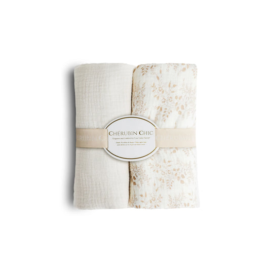 Vintage Baby Blanket: Silky Soft, Hypoallergenic Comfort Set of 2 -Beige & Floral Taupe