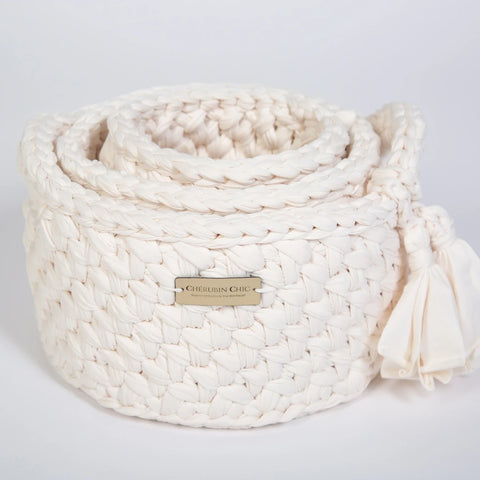 Vintage Knit Baby Basket Set – White