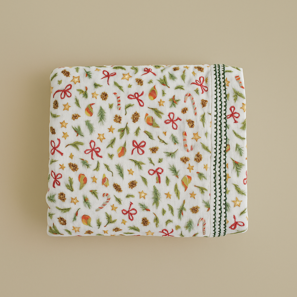 Muslin Baby Swaddle Blanket: 6 Layers- Holiday Green Vintage