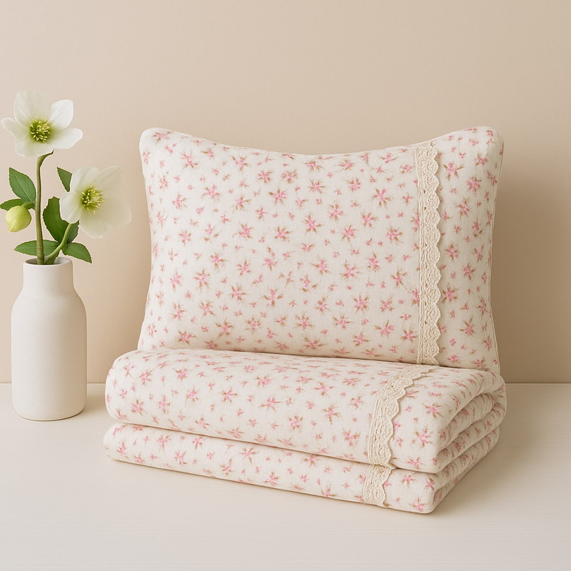 Vintage Bedding Set Double-Sided Blanket & Pillow Organic Cotton – FRENCH FLORAL PINK