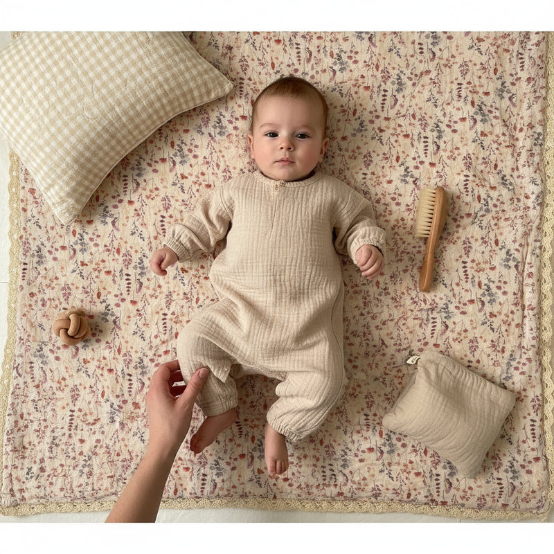Muslin Baby Swaddle Blanket: 6 Layers – Floral Beige