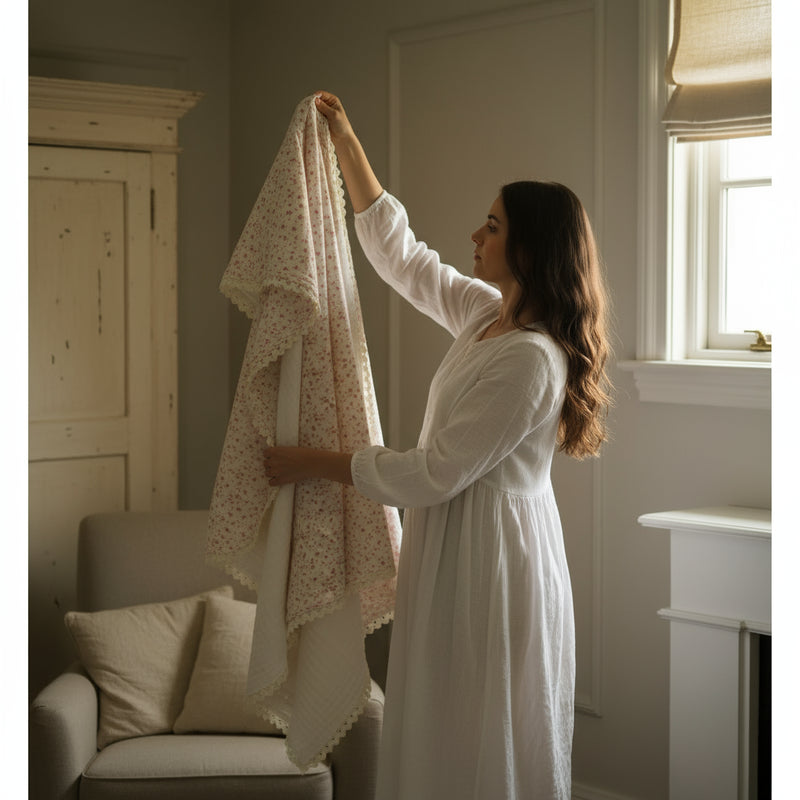 Vintage Bedding Set Double-Sided Blanket & Pillow Organic Cotton – FRENCH FLORAL PINK