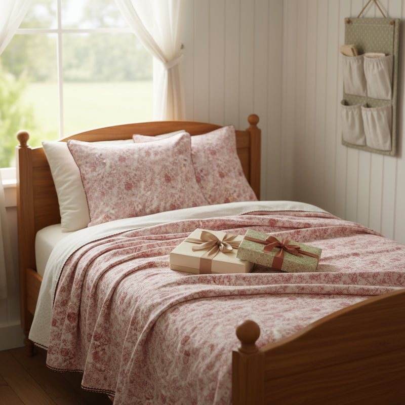 Vintage Bedding Set Double-Sided Blanket & Pillow Organic Cotton –ROSE PINK