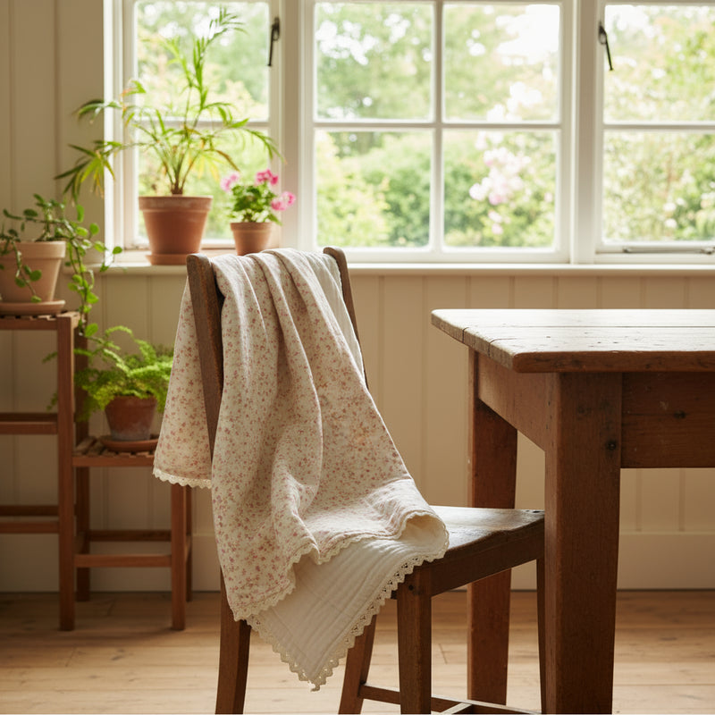 Vintage Bedding Set Double-Sided Blanket & Pillow Organic Cotton – FRENCH FLORAL PINK