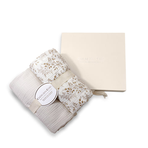 Vintage Baby Blanket: Silky Soft, Hypoallergenic Comfort Set of 2 -Beige & Floral Taupe