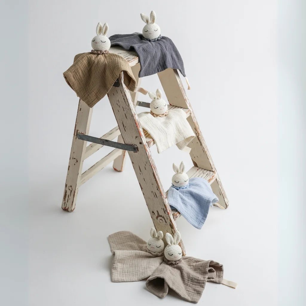 A collection of muslin baby comforters, each with a crocheted bunny head, artfully displayed on a rustic wooden ladder.