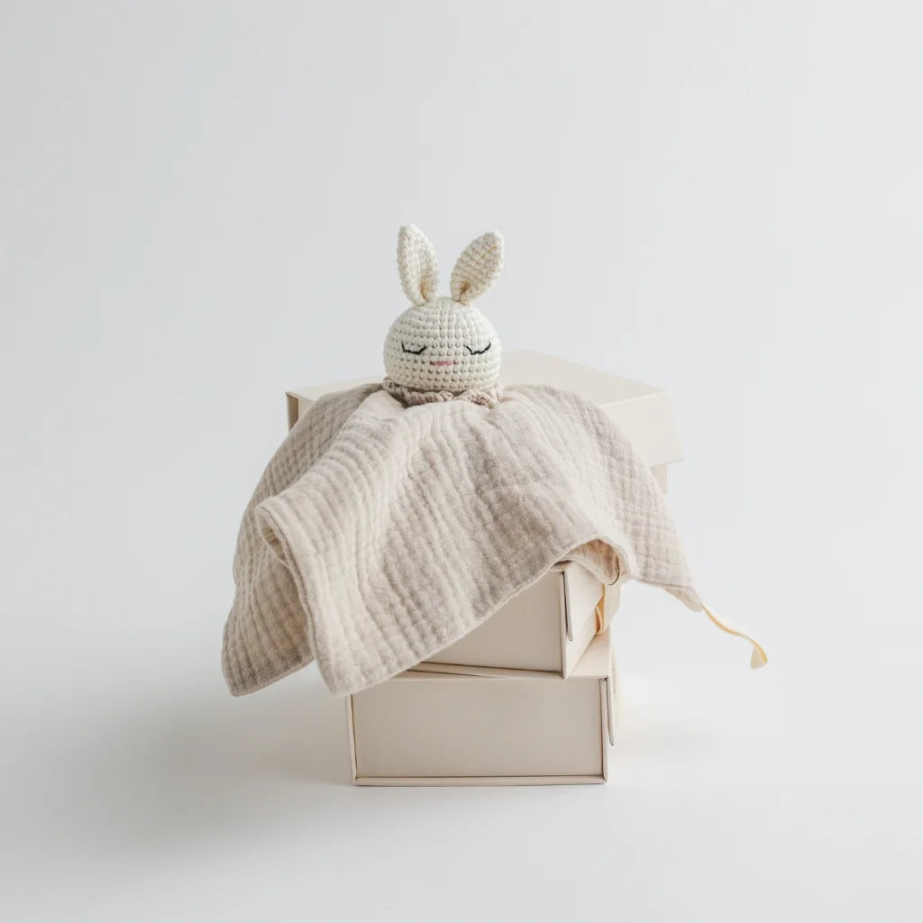 A beige muslin baby comforter with a crocheted bunny head, draped over a stacked set of minimalistic beige boxes.