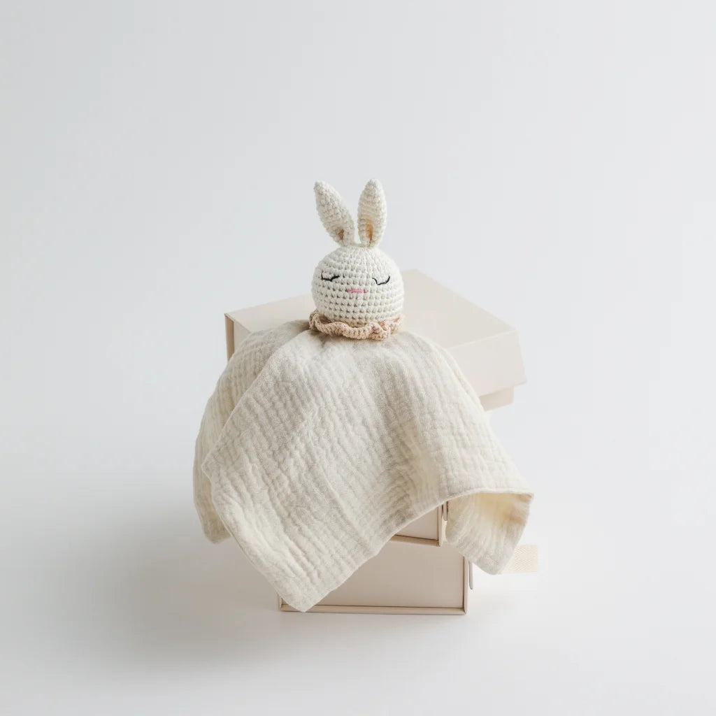 A soft cream muslin baby comforter with a sleepy-eyed crocheted bunny head, exuding a warm and comforting aesthetic.